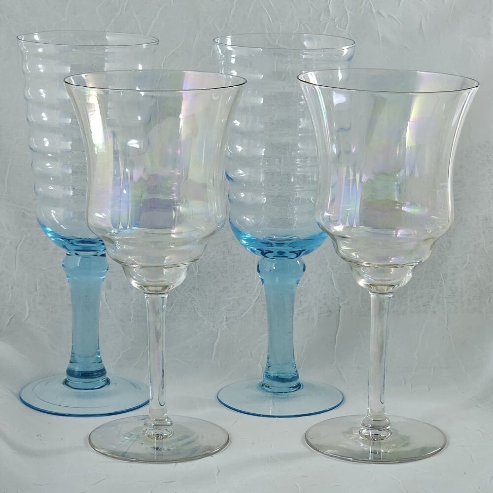 Mismatched Wine Water Goblets set of 4 mixed blue and iridescent glasses party